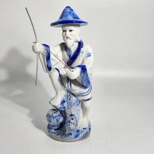 Blue White Porcelain Fisherman Figurine With Fishing Pole Fish On Base Vintage